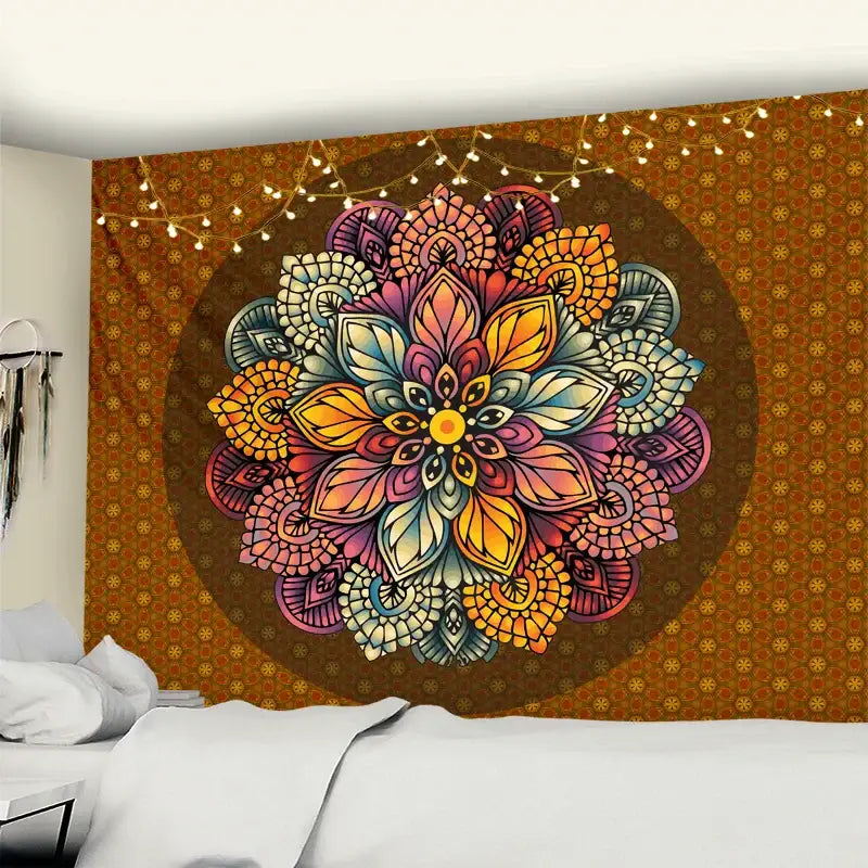 Vibrant turquoise and gold elephant mandala tapestry wall hanging with intricate floral patterns and warm brown background decorbites
