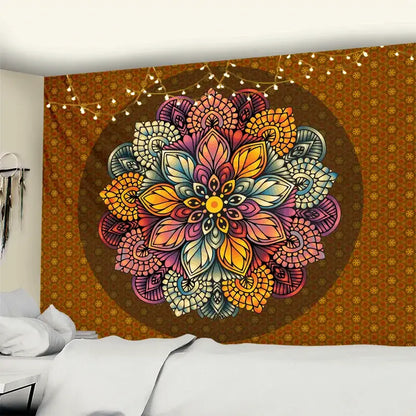 Vibrant turquoise and gold elephant mandala tapestry wall hanging with intricate floral patterns and warm brown background decorbites