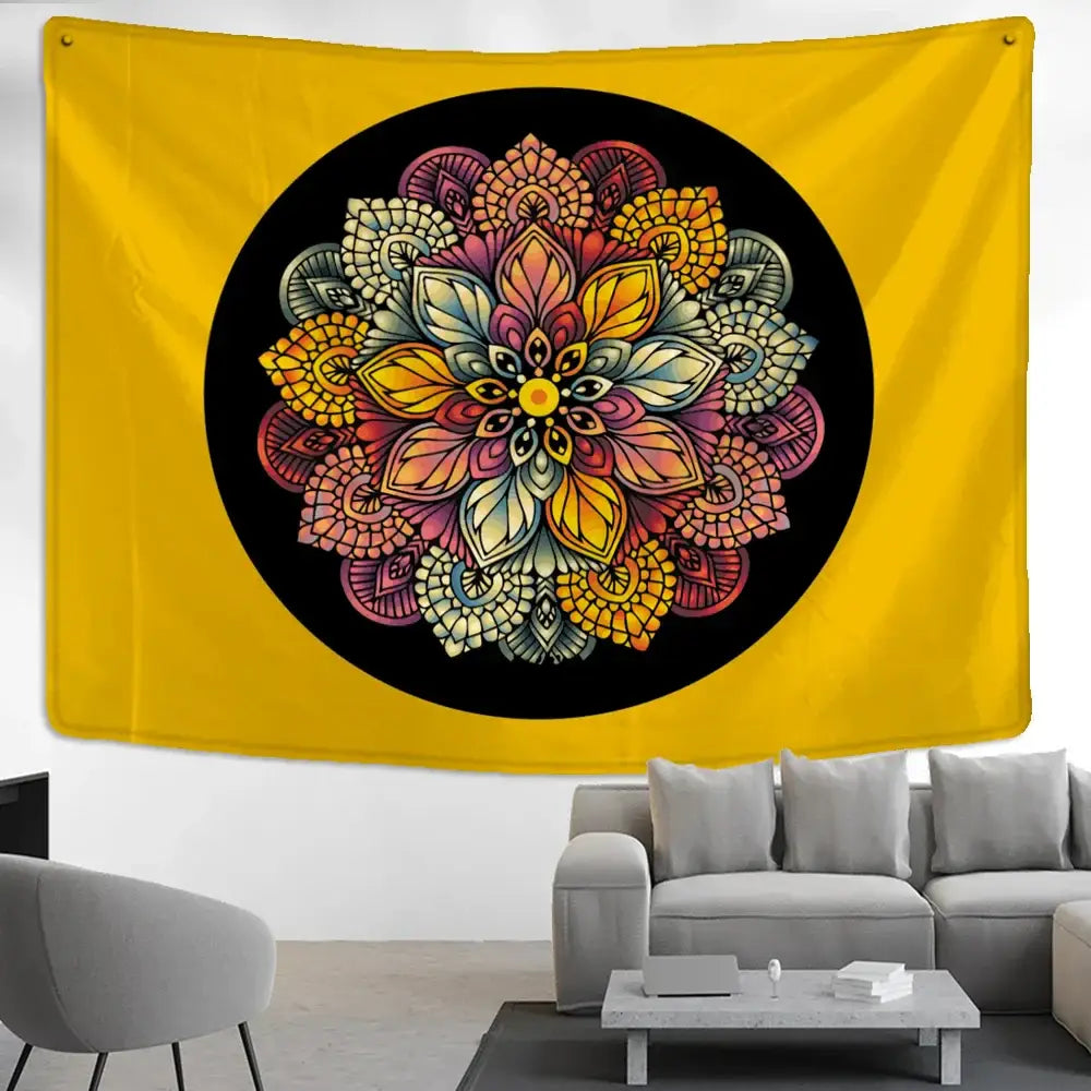 Vibrant yellow decorbites elephant mandala wall hanging featuring a colorful intricate mandala centered in a black circle
