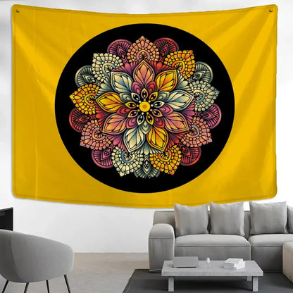 Vibrant yellow decorbites elephant mandala wall hanging featuring a colorful intricate mandala centered in a black circle