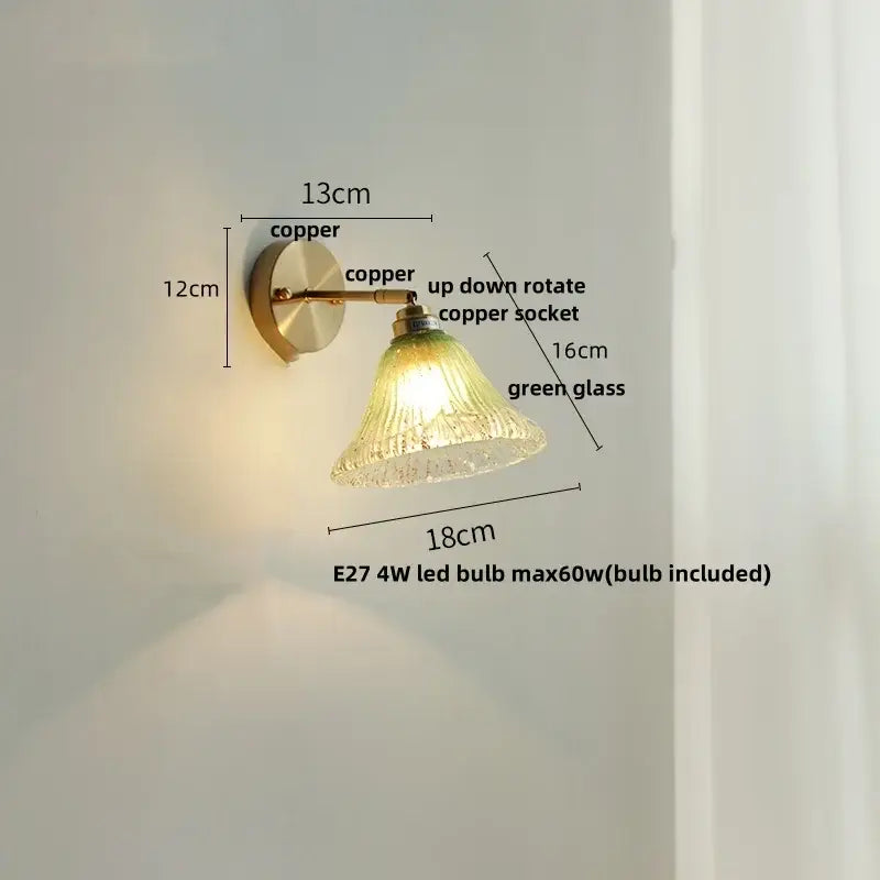 Vintage copper wall sconce with rotating socket and translucent green shade for staircase decorbites blue glass wall