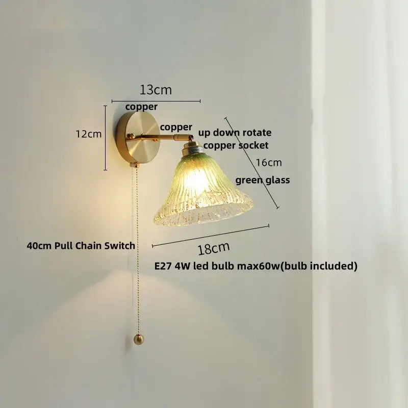 Vintage-style wall sconce with copper frame and elegant green ridged glass shade for decorbites blue glass wall use