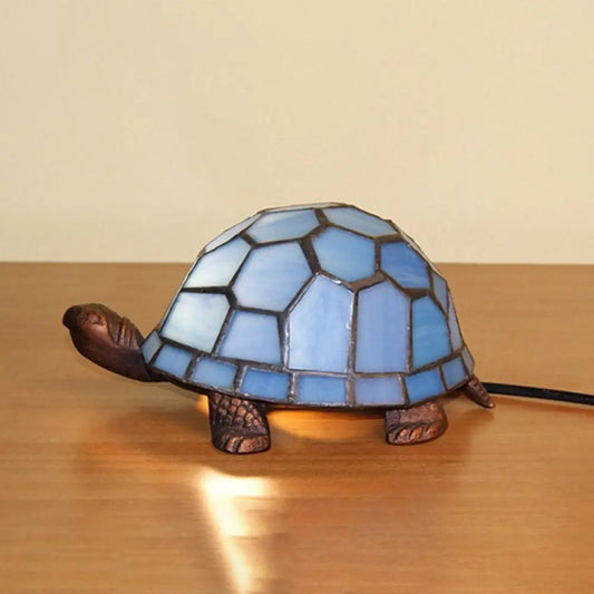 Turtle Blue Glass Nightstand Lamp - Mediterranean Style Copper Table Light for Bedroom