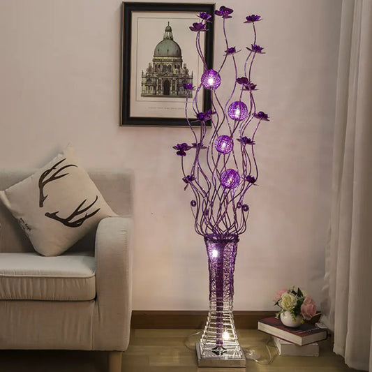 Twig Design Purple LED Floor Lamp - Artistic Aluminum Pagoda Flower Floor Standing Light