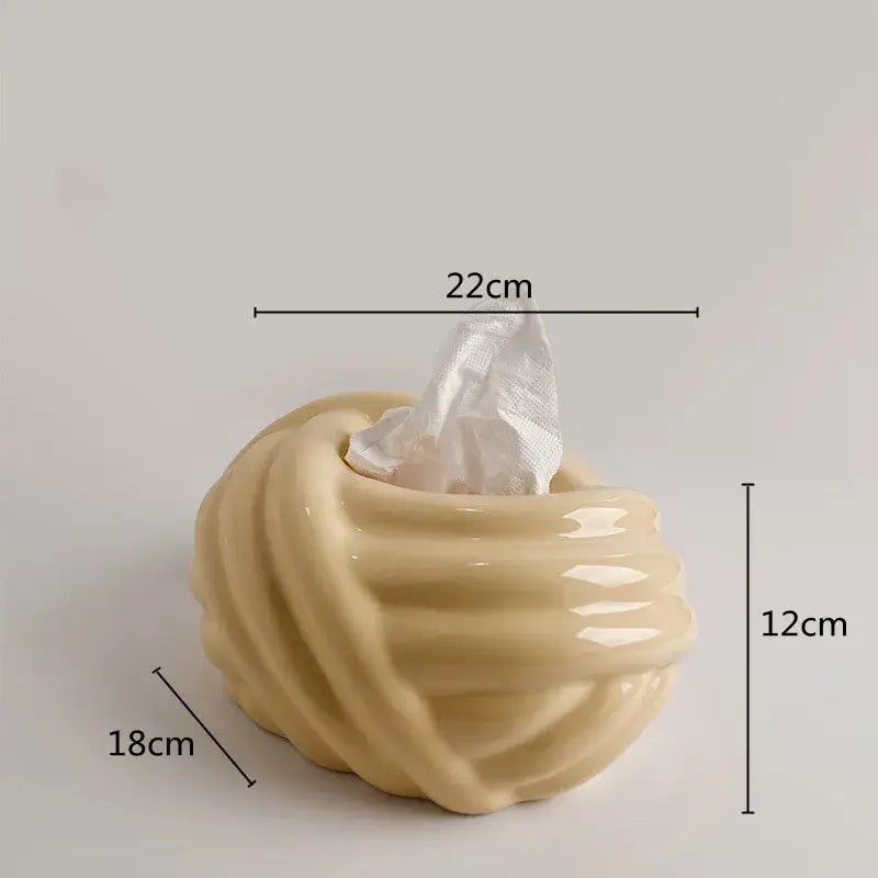 Cream-colored ceramic desktop storage tissue box with twisted ribbed design for decorbites ceramic desktop use