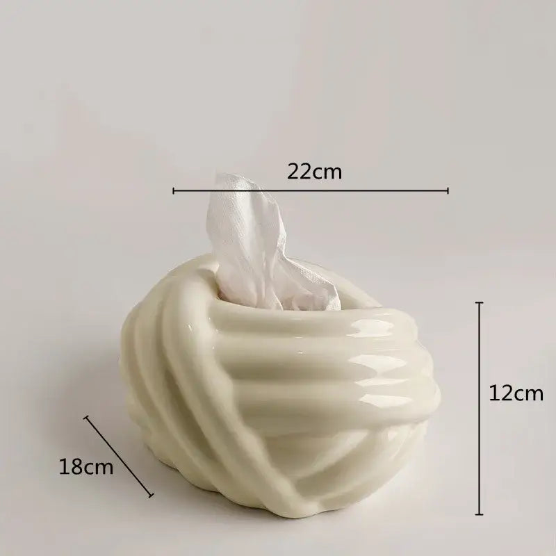 Cream-colored ceramic desktop storage tissue box with twisted ribbed design for living room decorbites ceramic desktop