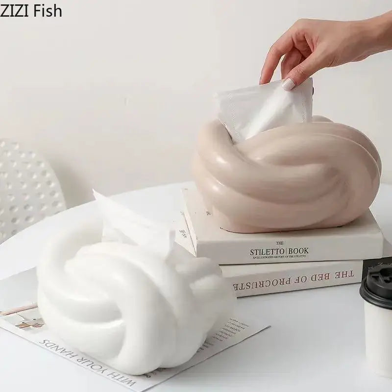 Cream-colored ceramic desktop storage tissue box with twisted knot design for living room decorbites ceramic desktop use