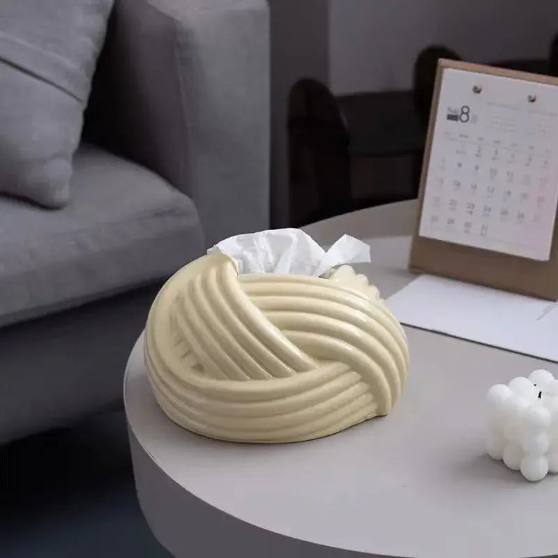 Cream-colored ceramic desktop storage tissue box with twisted rope-like design for living room decorbites ceramic desktop
