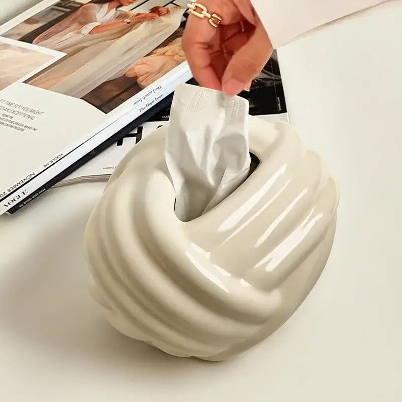 Cream-colored ceramic desktop storage tissue box with sculpted ribbed design for living room decorbites ceramic desktop use