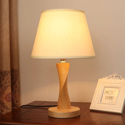 Twisted Wood Night Lamp with Conic Fabric Shade - Cozy Lighting for Living Room Table