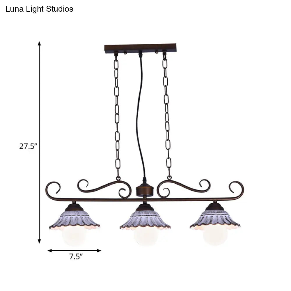 Twisting Island Pendant Lamp: 3-Light Coffee Metal Hanging Light with Scalloped Bell Ceramics Shade - Korean Style