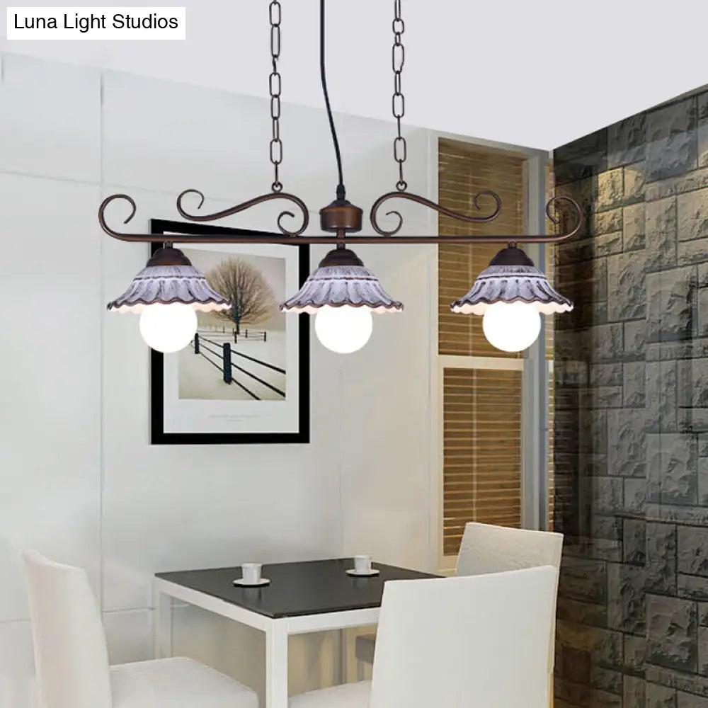 Twisting Island Pendant Lamp: 3-Light Coffee Metal Hanging Light with Scalloped Bell Ceramics Shade - Korean Style