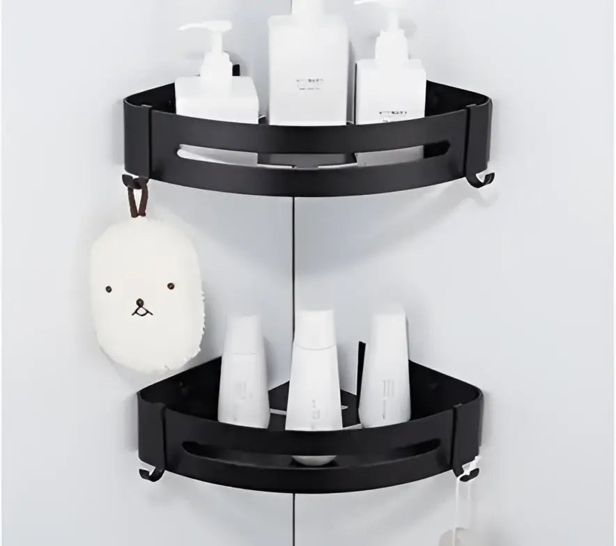 Black aluminum bathroom two tier corner shelf caddy with integrated hooks by decorbites for shower storage