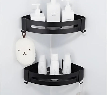 Black aluminum bathroom two tier corner shelf caddy with integrated hooks by decorbites for shower storage