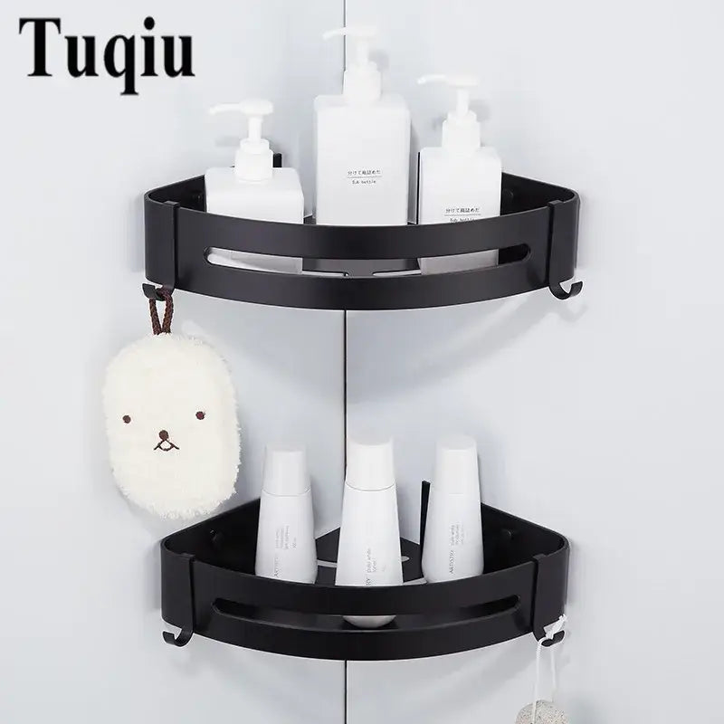 Black aluminum bathroom two tier corner shelf with slotted shelves and hooks by decorbites for shower organization