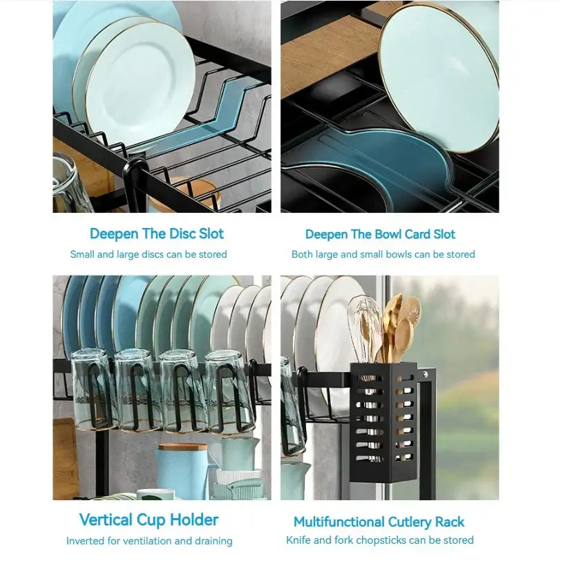 Two-tier black metal dish drying rack with deep slots, vertical cup holders, and multifunctional cutlery rack