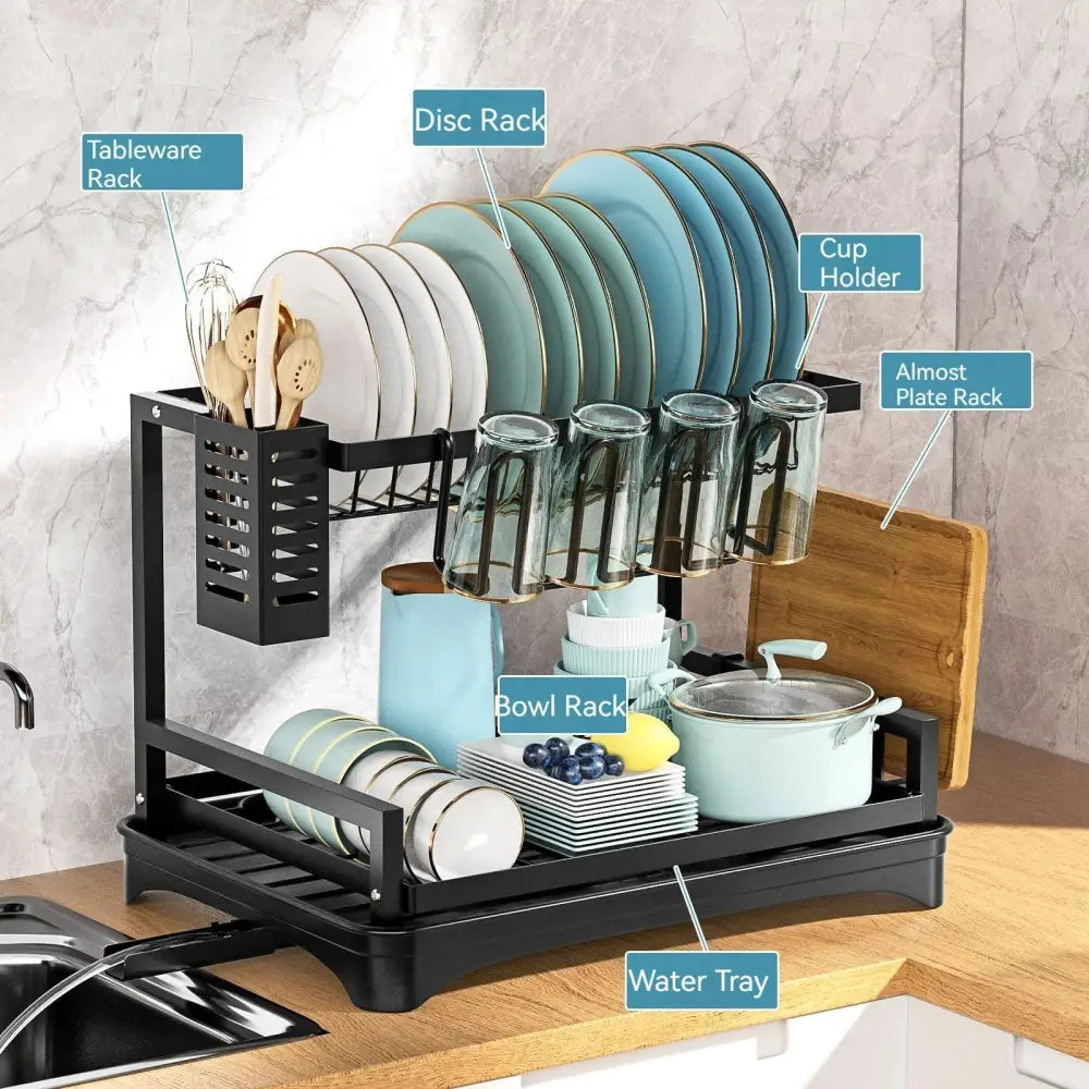 Two-tier black metal dish drying rack with integrated cup holder bowl rack and water tray for kitchen organization