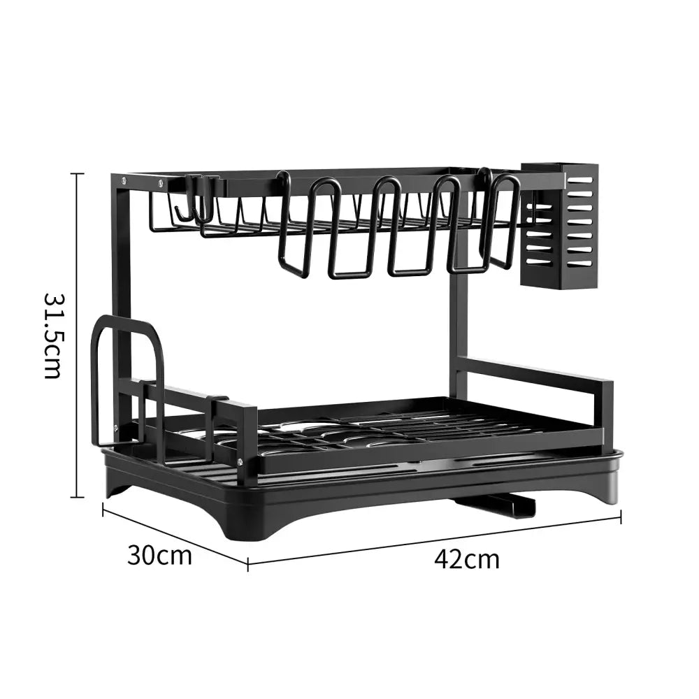 Two-tier black metal dish drying rack with hooks and slotted sides for efficient kitchen dish drying and organization