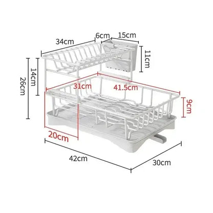 White plastic two-tier dish drying rack with built-in soap dispenser for kitchen organization and efficient dish drying