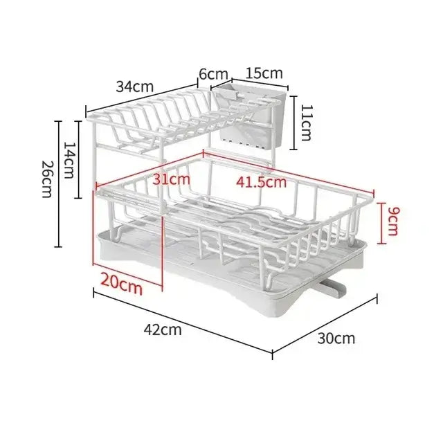 White plastic two-tier dish drying rack with built-in soap dispenser for kitchen organization and efficient dish drying