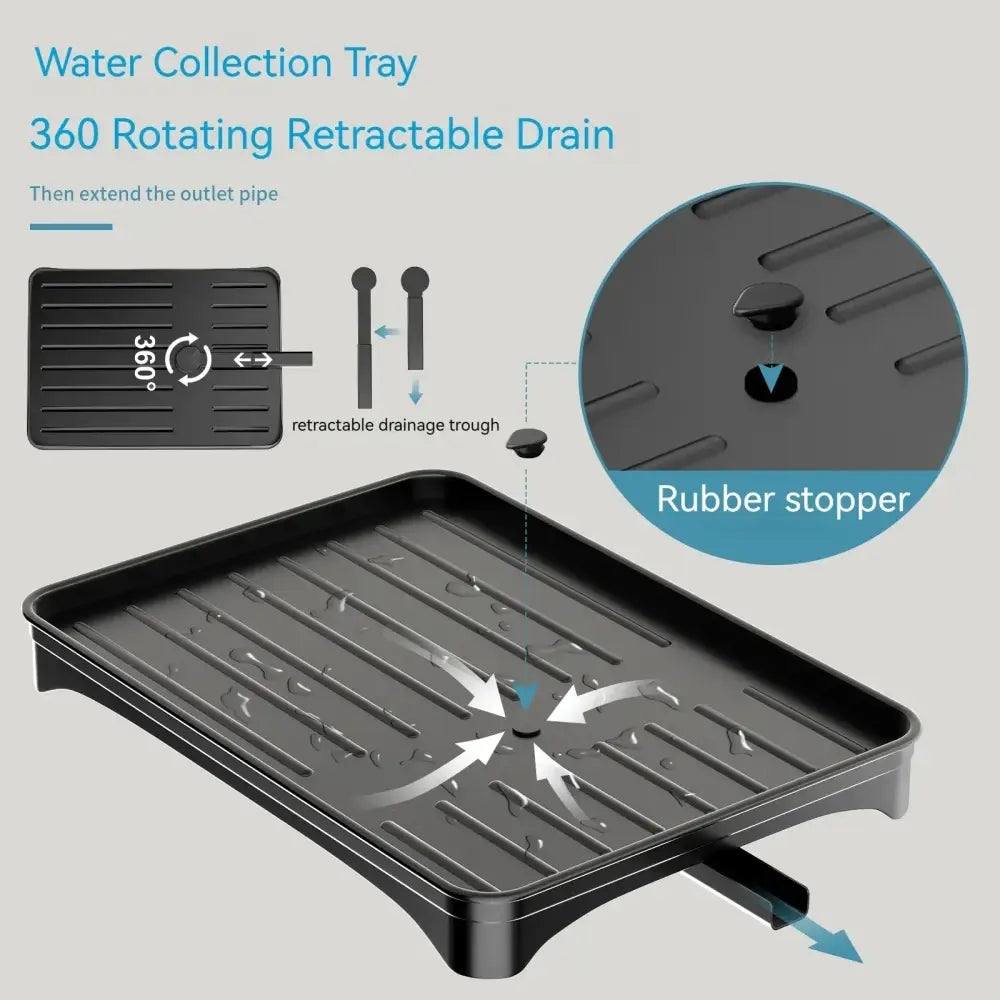 Black plastic water collection tray with 360-degree rotating retractable drain and rubber stopper for dish drying rack