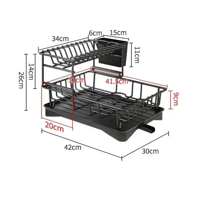 Two-tier black dish drying rack with built-in drain tray and integrated sink basin for efficient dish drying organization
