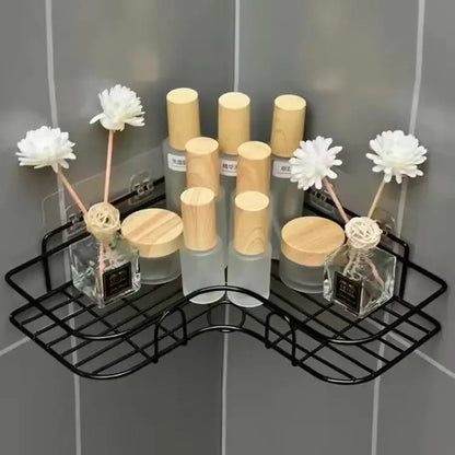 Two tier black metal corner storage shelves holding glass and frosted bottles with wooden caps for bathroom storage decorbites corner bathroom