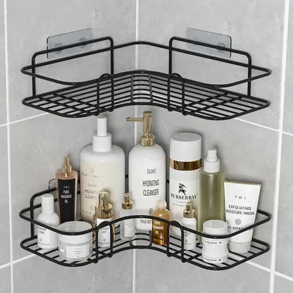 Black metal corner shower caddy with two tiers and adhesive backing for bathroom storage shelves by decorbites corner bathroom