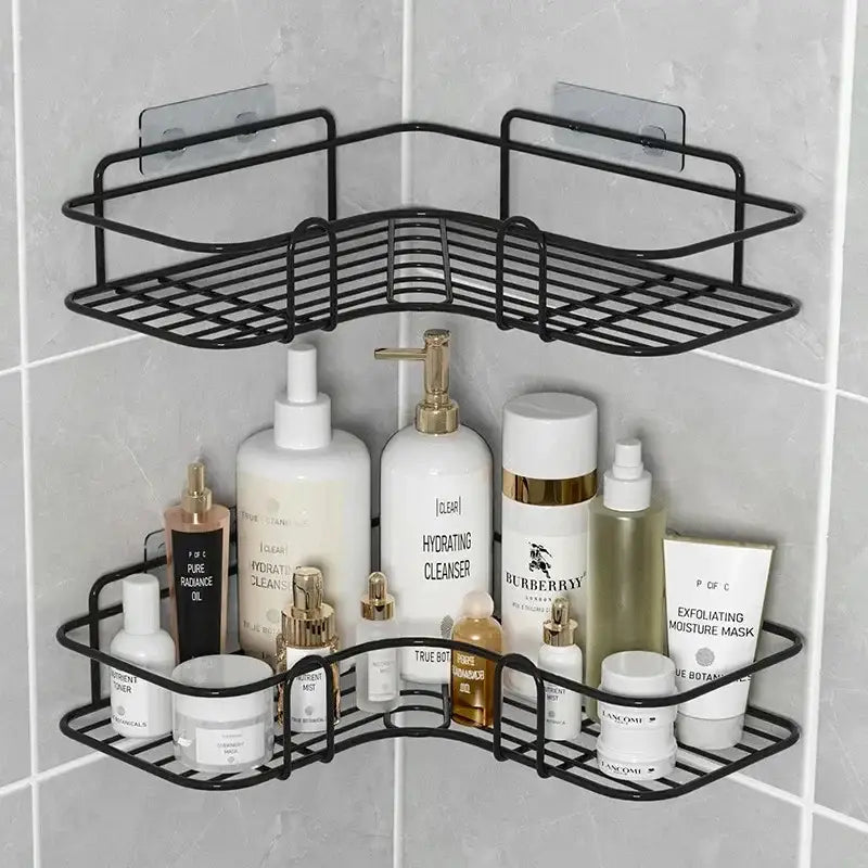 Black metal corner shower caddy with two tiers and adhesive backing for bathroom storage shelves by decorbites corner bathroom