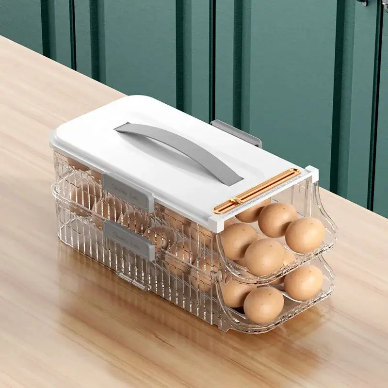 Two tier clear green and white egg storage box with silver handle for organized egg storage in kitchen use