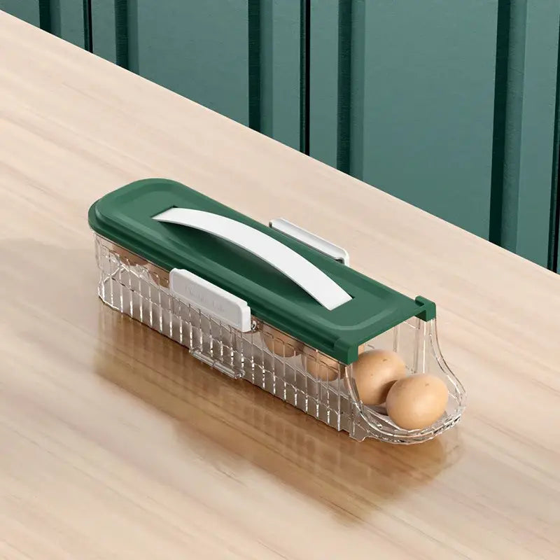 Two tier clear plastic egg storage box with green lid and white handle for organized kitchen egg storage