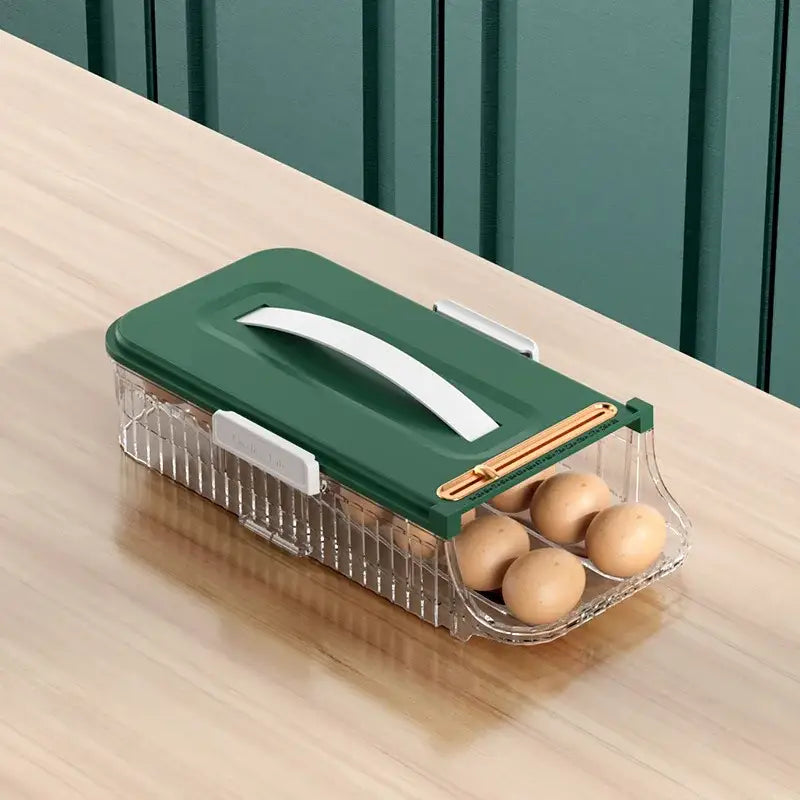 Two tier clear green and white plastic egg storage box with handle holding brown eggs for kitchen organization