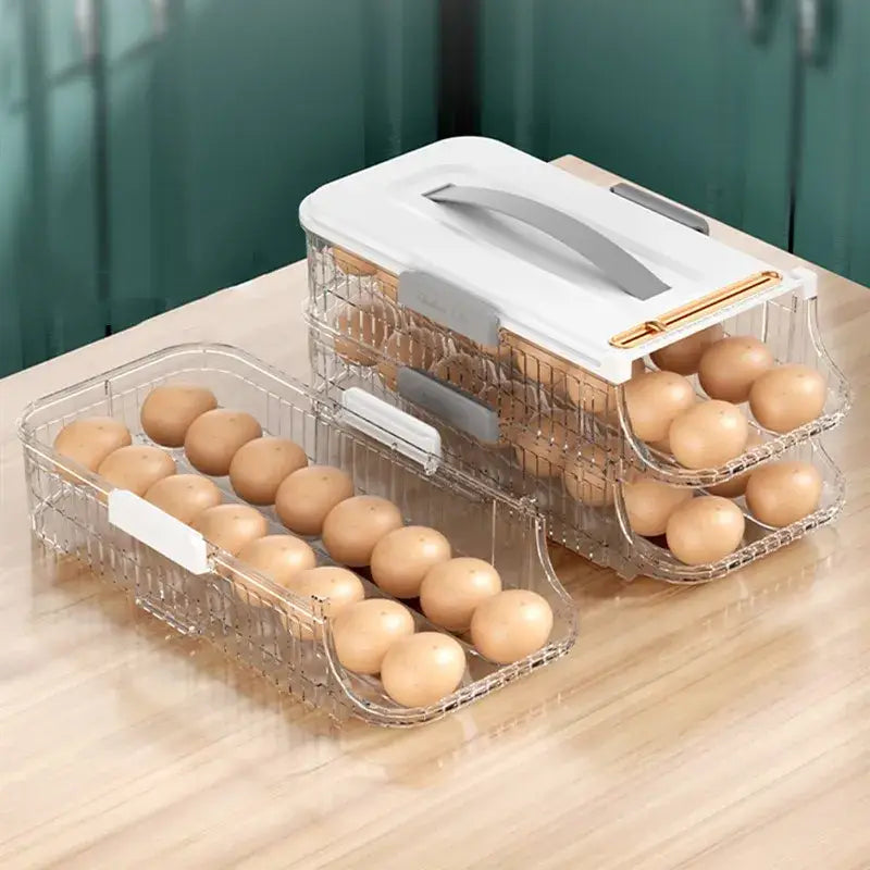 Two tier clear green and white egg storage box with clear plastic containers and gray handles for kitchen organization