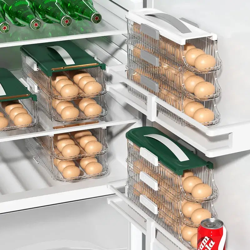 Two tier clear green and white egg storage box with plastic drawers and handles neatly organized in refrigerator storage box