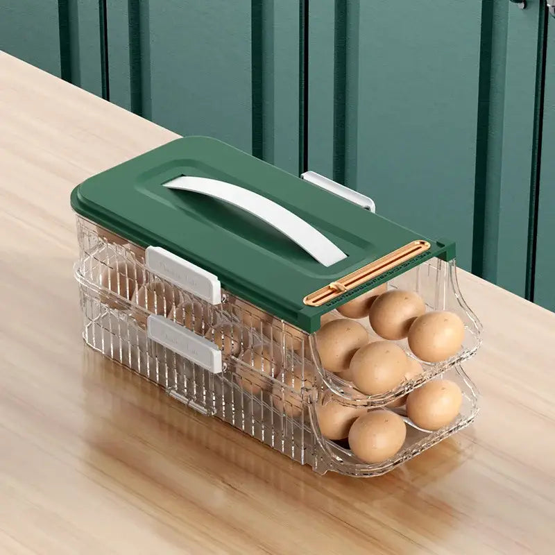 Two tier clear plastic egg storage box with green lid and white handle for efficient egg storage and kitchen organization