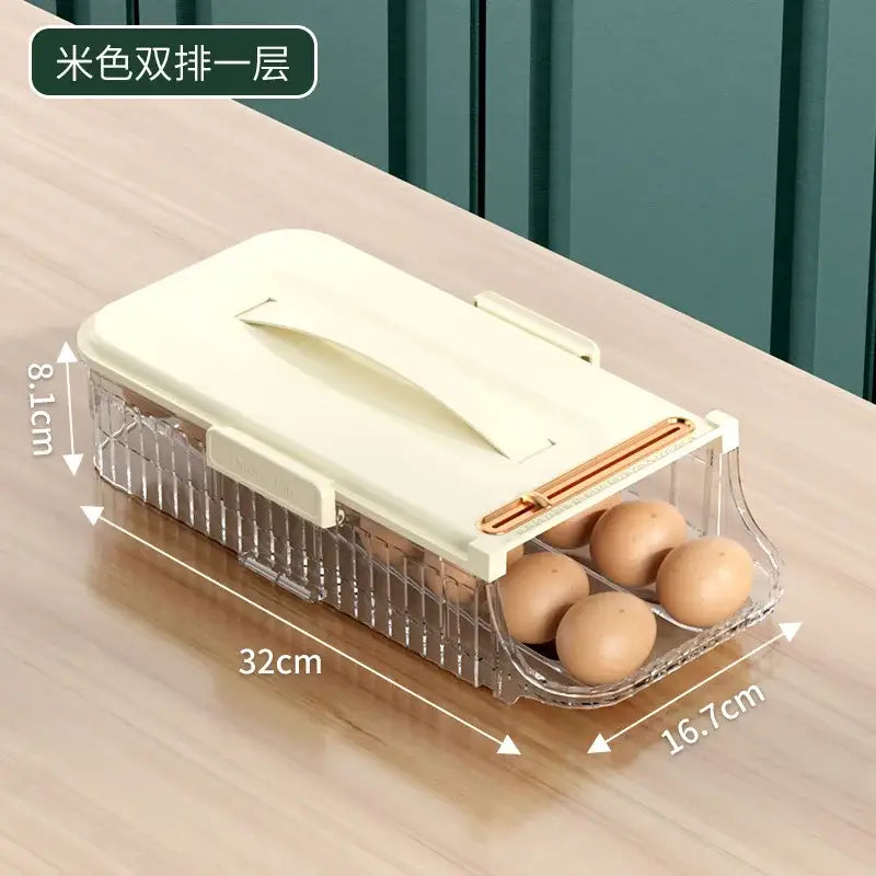 Beige plastic egg storage box with clear two tier tray and lid, featuring handle for easy carrying and kitchen organization