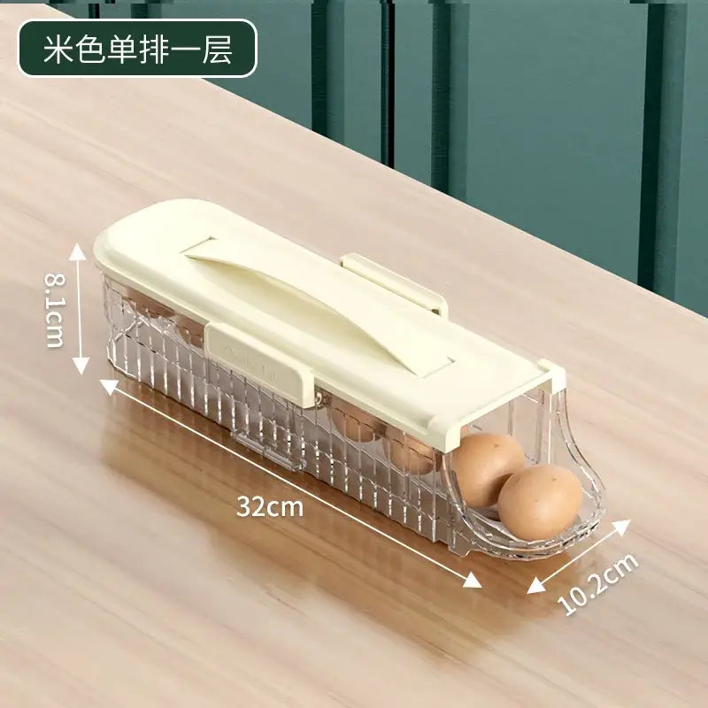 Cream-colored plastic egg storage box with clear grid design and lid for organized two tier kitchen storage