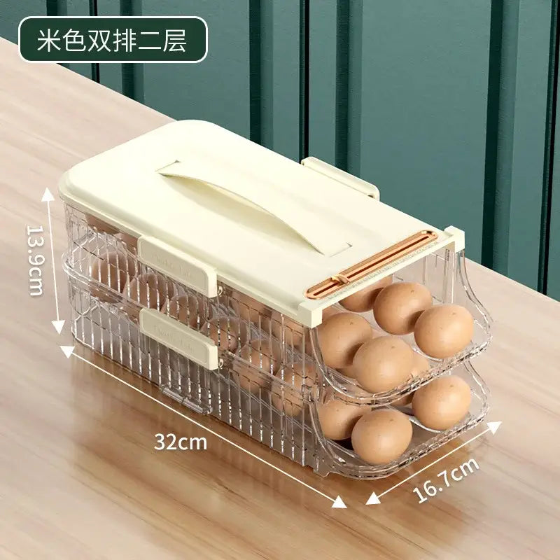 Cream-colored two-tier egg storage box with clear plastic trays and a handle lid for kitchen egg storage