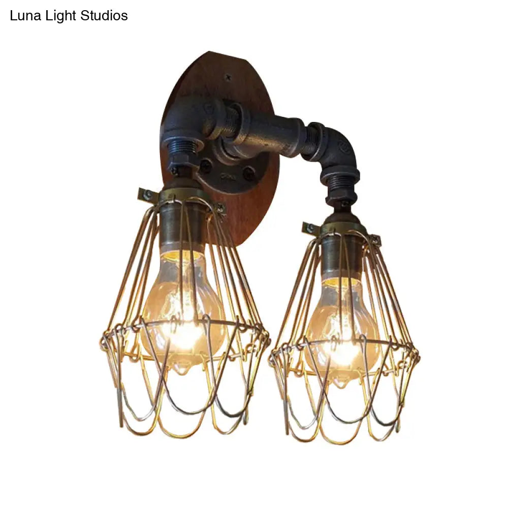 U-Shaped Metallic Sconce Light with Wire Guard and Pipe, 2-Light Brass Warehouse Wall Lamp