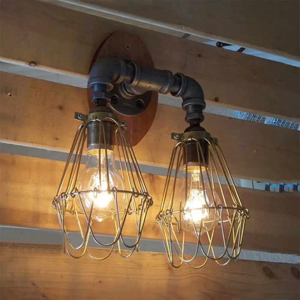 U-Shaped Metallic Sconce Light with Wire Guard and Pipe, 2-Light Brass Warehouse Wall Lamp