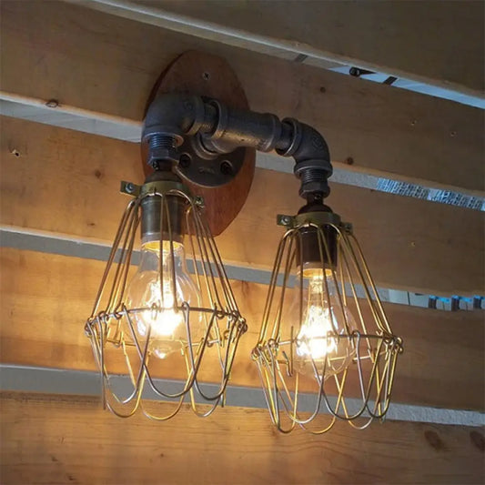 U-Shaped Metallic Sconce Light with Wire Guard and Pipe, 2-Light Brass Warehouse Wall Lamp