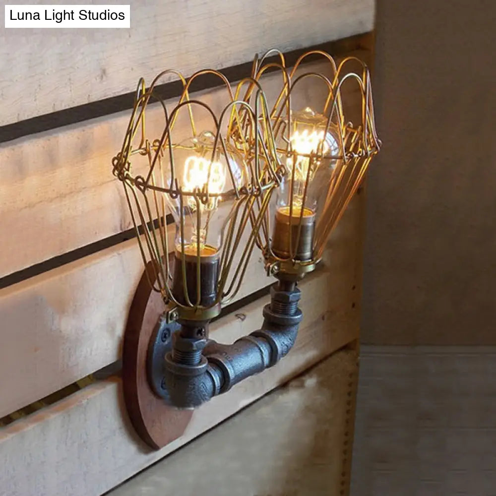 U-Shaped Metallic Sconce Light with Wire Guard and Pipe, 2-Light Brass Warehouse Wall Lamp