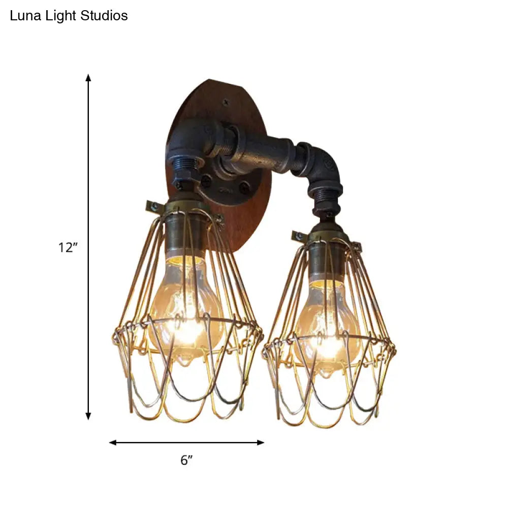 U-Shaped Metallic Sconce Light with Wire Guard and Pipe, 2-Light Brass Warehouse Wall Lamp
