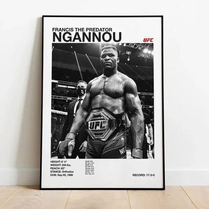 Black and white ufc canvas print featuring francis ngannou with championship belt for gym decor by decorbites