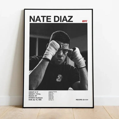 Black and white ufc canvas print featuring nate diaz in boxing stance with stats for gym decor by decorbites