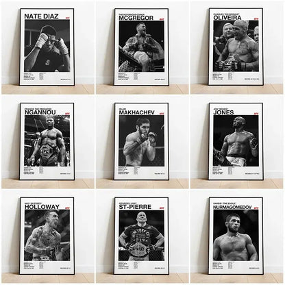 Nine framed black and white ufc canvas prints featuring fighters in their prime with bold white ufc text for gym decor