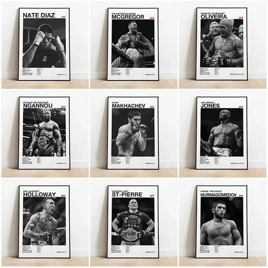 Nine framed black and white ufc canvas prints featuring fighters in their prime with bold white ufc text for gym decor