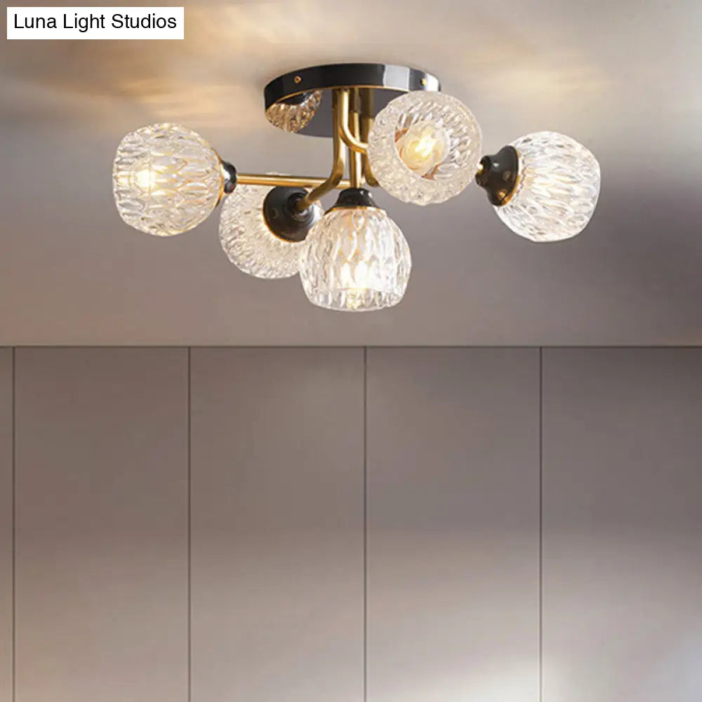 Ultra-Contemporary 5-Light Bowl Semi Flush Chandelier - Ribbed Glass Ceiling Light for Bedroom