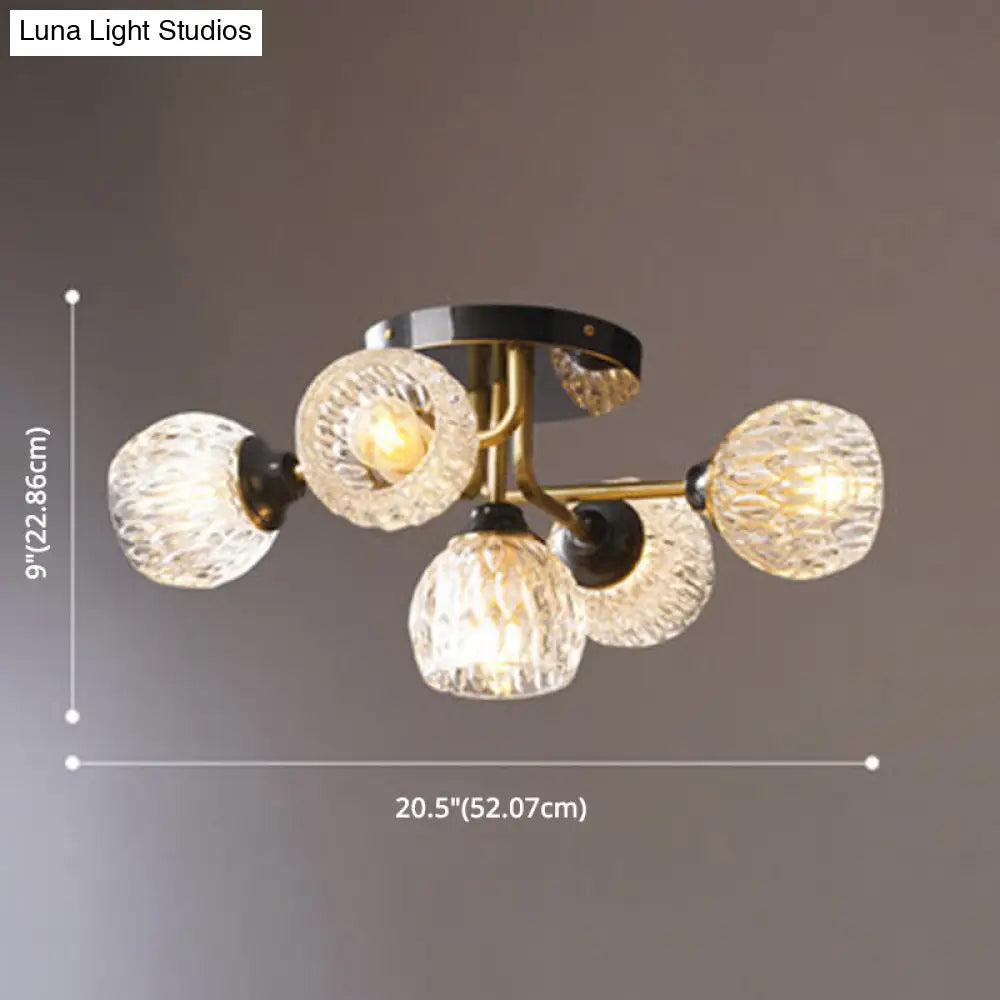 Ultra-Contemporary 5-Light Bowl Semi Flush Chandelier - Ribbed Glass Ceiling Light for Bedroom