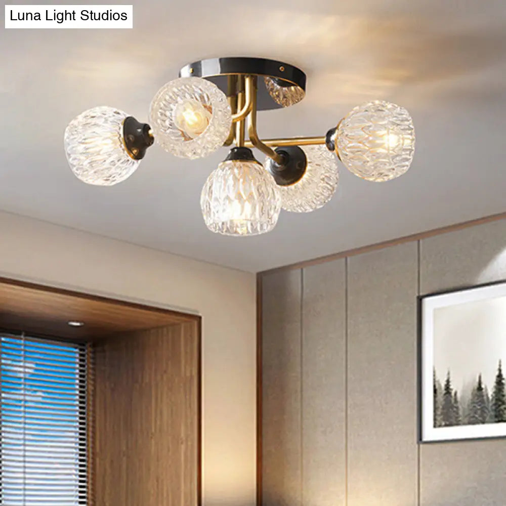 Ultra-Contemporary 5-Light Bowl Semi Flush Chandelier - Ribbed Glass Ceiling Light for Bedroom